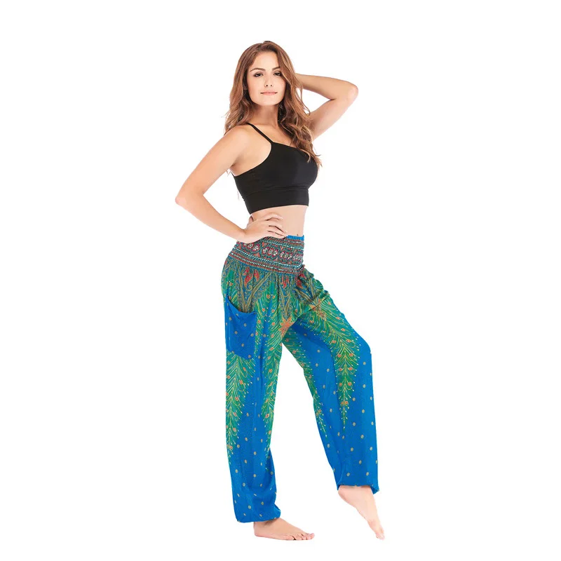 Women Casual Thai Harem Pants Baggy Boho Loose Printed Summer Beach Workout Pants Female Wide Leg High Waist Lantern Trousers