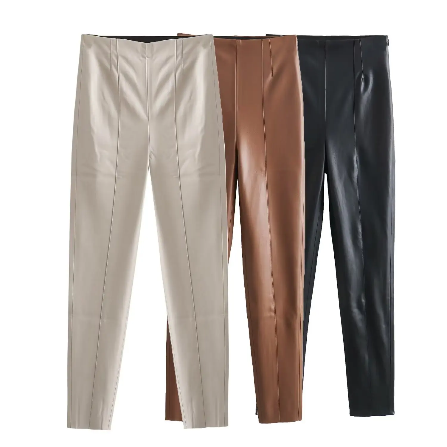 HH 2024 Women's Faux Leather Pants High Waist Straight Leg Trousers Fashion Female Streetwear Stylish Stretch Pencil Pants