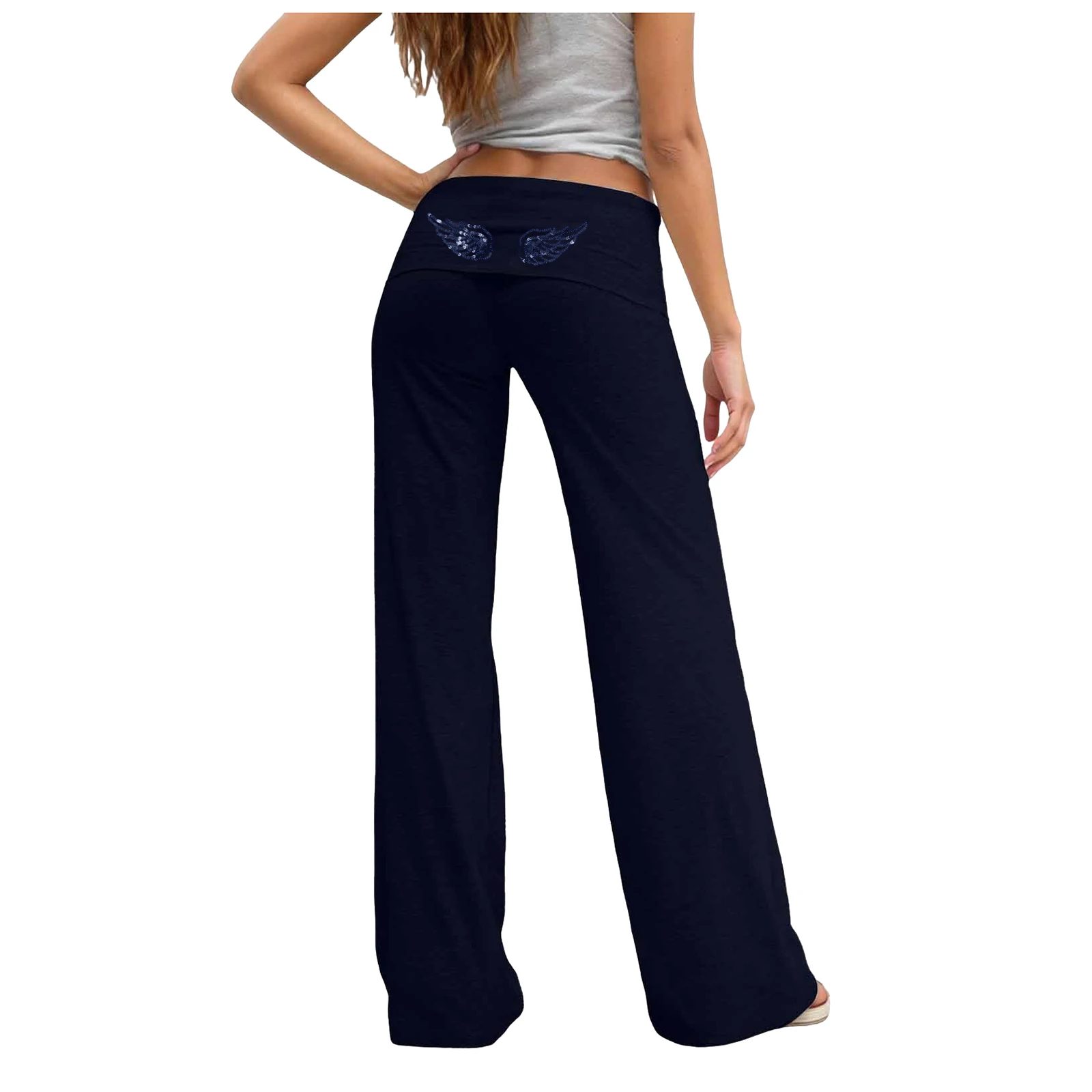 Fold Over Yoga Pants for Women Angel Wings Embroidery Sweatpants Y2k Low Rise Solid Straight Leg Trousers Gym Lounge Leggings
