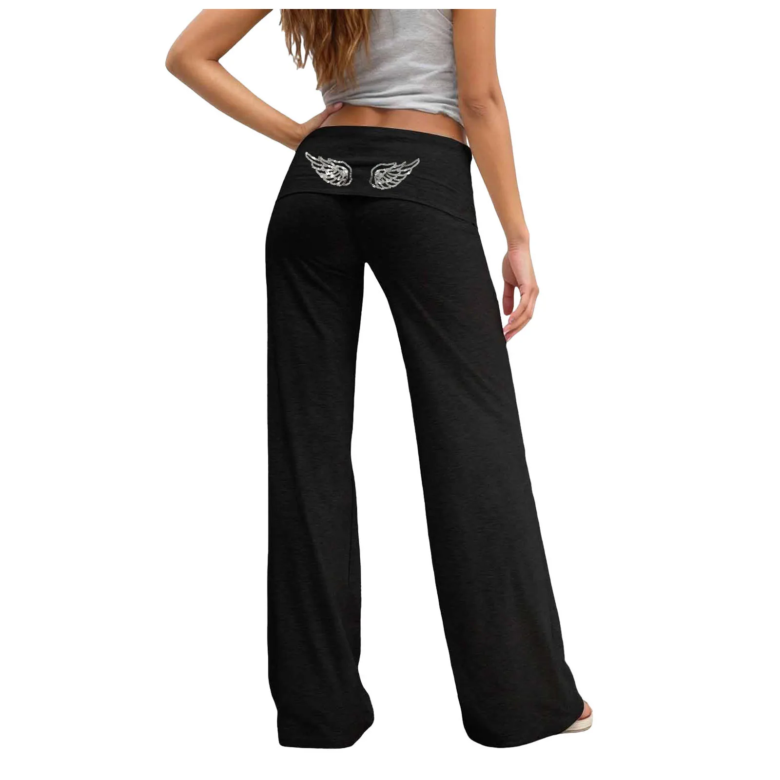 Fold Over Yoga Pants for Women Angel Wings Embroidery Sweatpants Y2k Low Rise Solid Straight Leg Trousers Gym Lounge Leggings