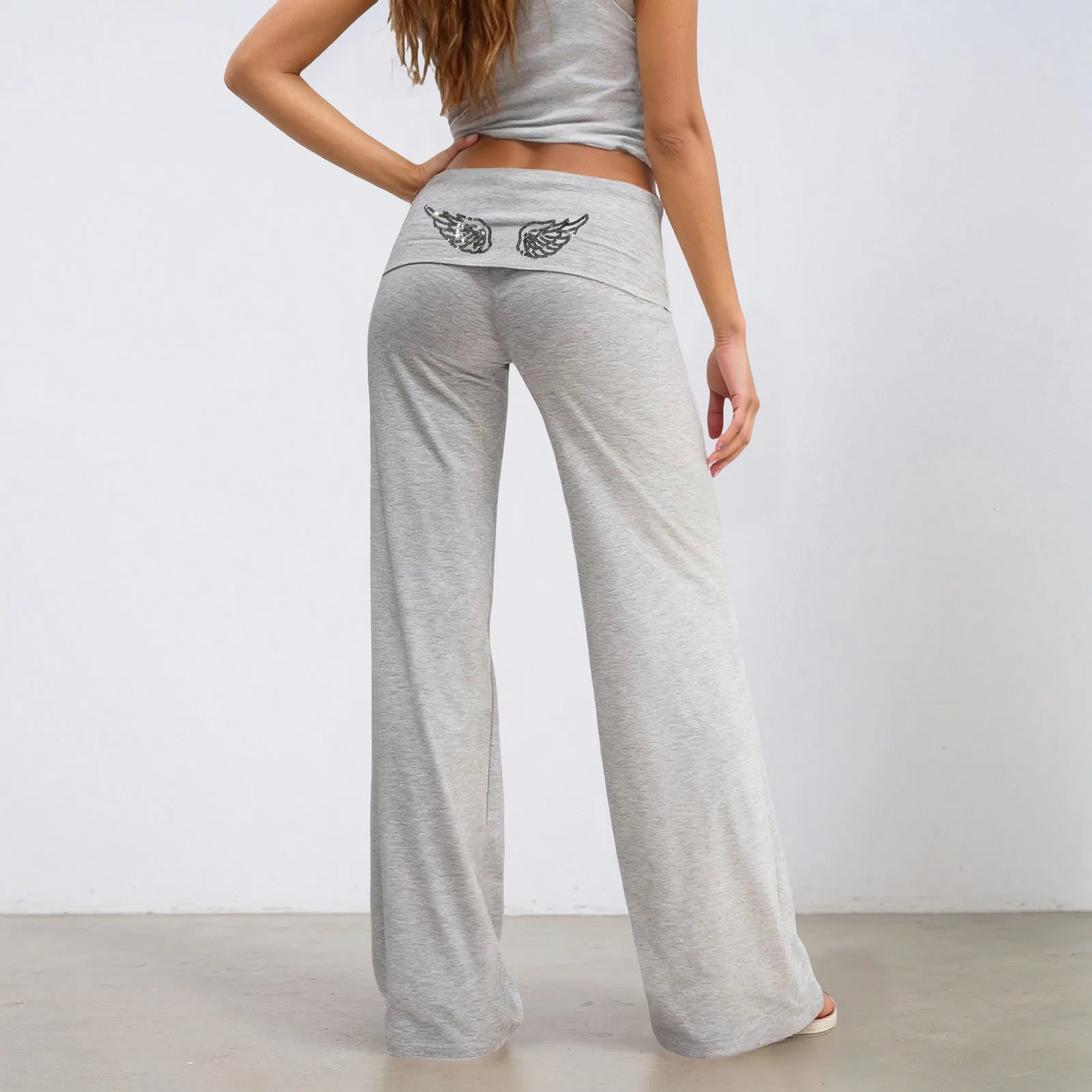 Fold Over Yoga Pants for Women Angel Wings Embroidery Sweatpants Y2k Low Rise Solid Straight Leg Trousers Gym Lounge Leggings