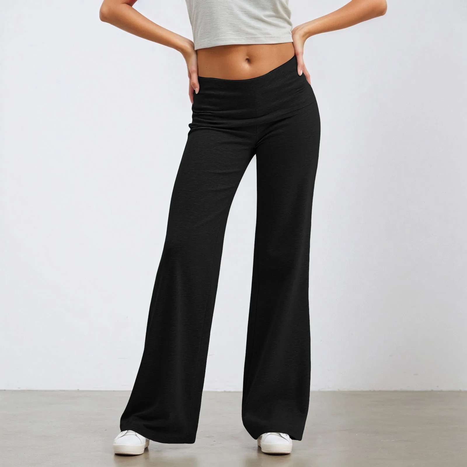 Fold Over Yoga Pants for Women Angel Wings Embroidery Sweatpants Y2k Low Rise Solid Straight Leg Trousers Gym Lounge Leggings