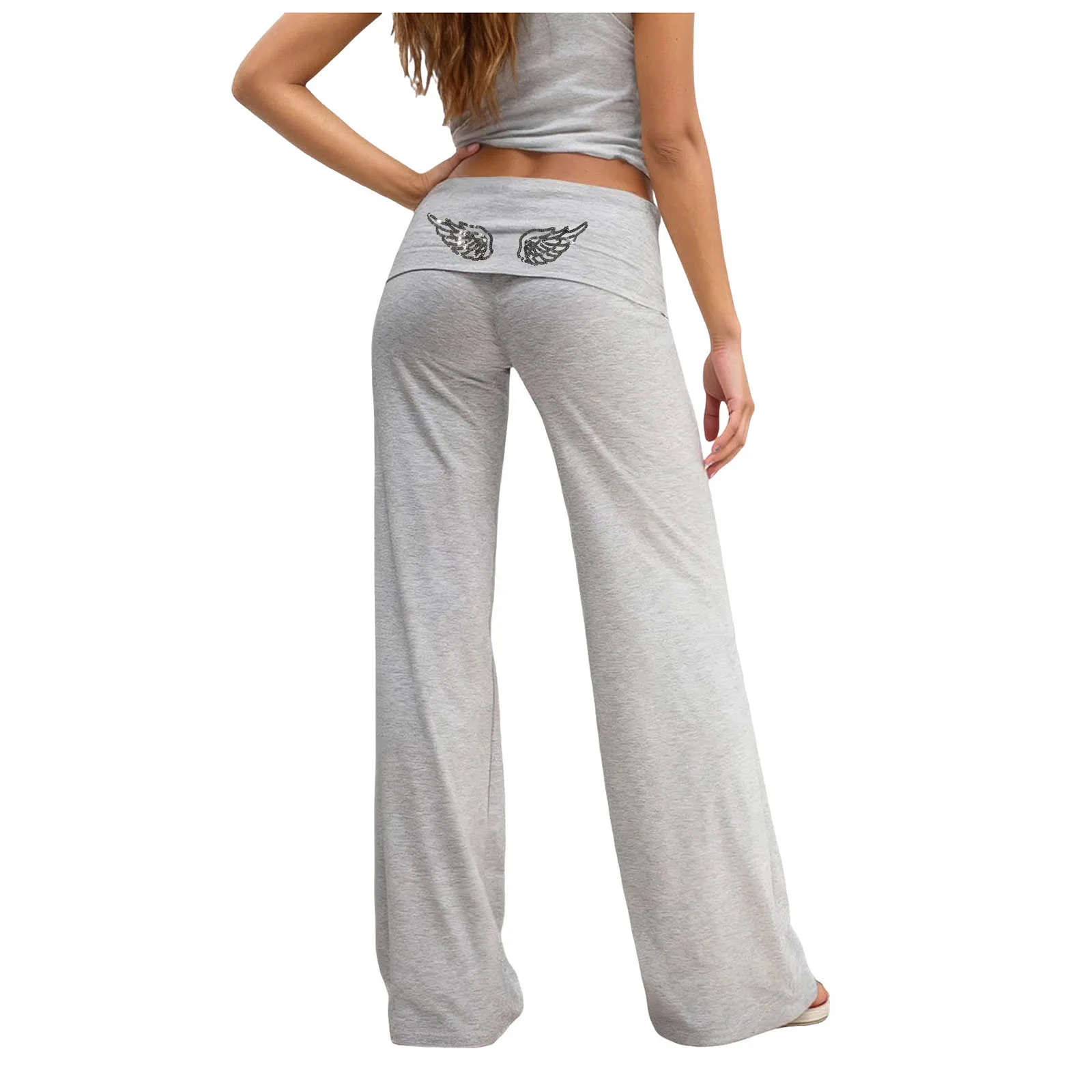 Fold Over Yoga Pants for Women Angel Wings Embroidery Sweatpants Y2k Low Rise Solid Straight Leg Trousers Gym Lounge Leggings