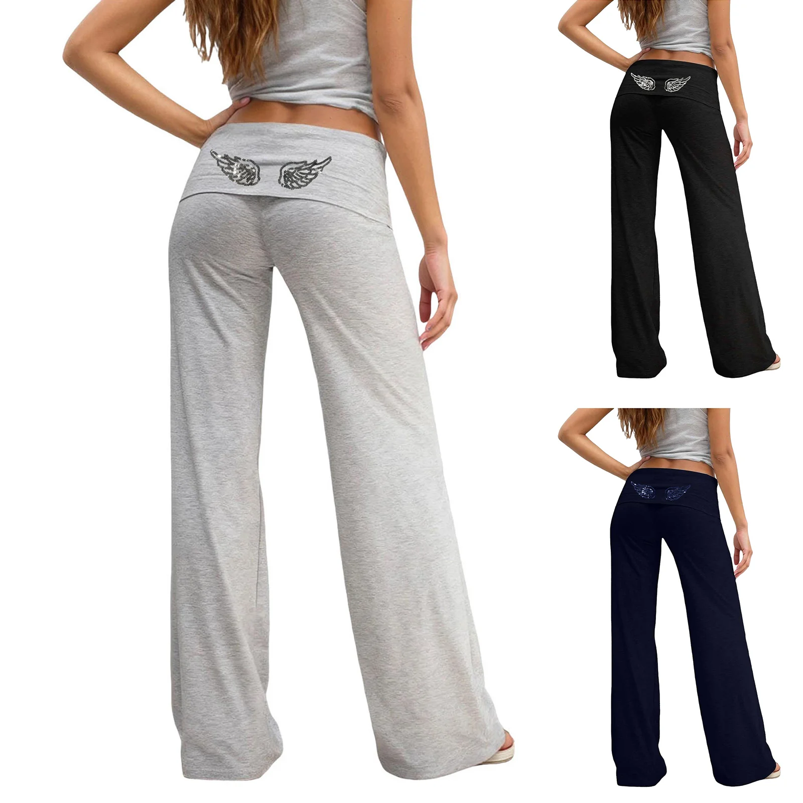 Fold Over Yoga Pants for Women Angel Wings Embroidery Sweatpants Y2k Low Rise Solid Straight Leg Trousers Gym Lounge Leggings