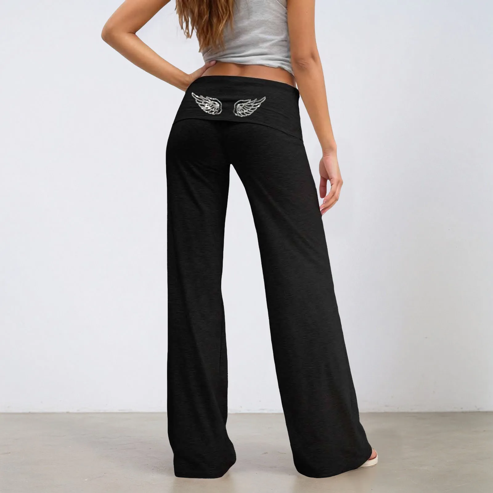 Fold Over Yoga Pants for Women Angel Wings Embroidery Sweatpants Y2k Low Rise Solid Straight Leg Trousers Gym Lounge Leggings