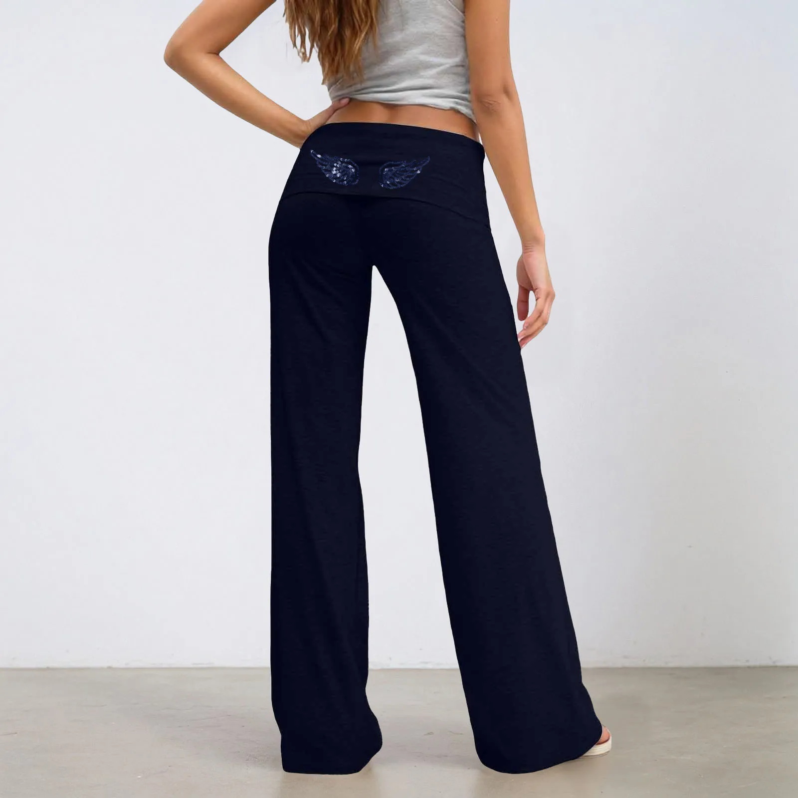 Fold Over Yoga Pants for Women Angel Wings Embroidery Sweatpants Y2k Low Rise Solid Straight Leg Trousers Gym Lounge Leggings