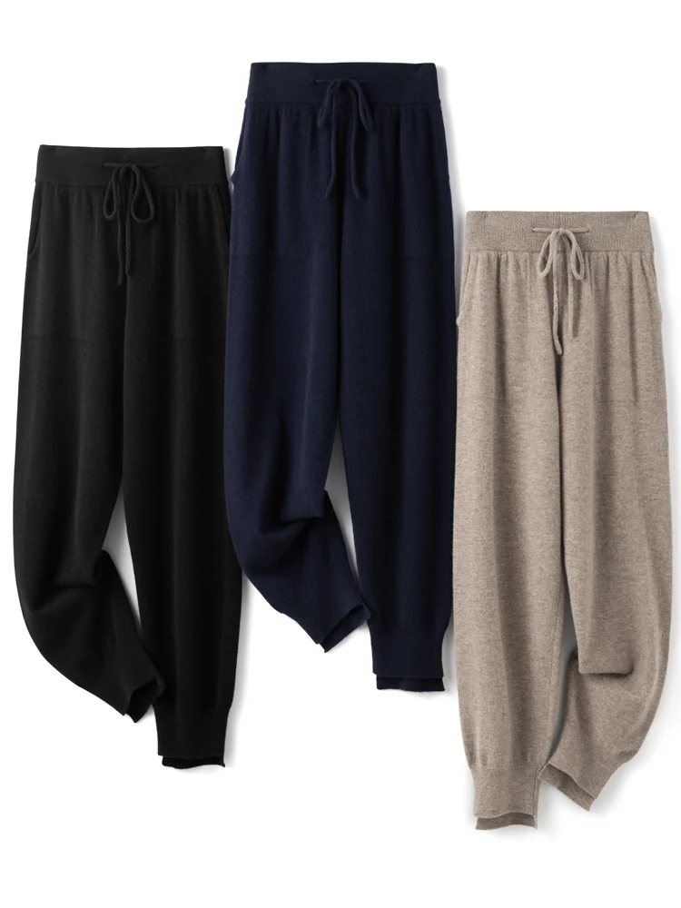 Autumn Winter Women High Waist Bloomers Pants 100% Merino Wool Thick Soft Warm Basic Casual Trousers Cashmere Knitwear Tops