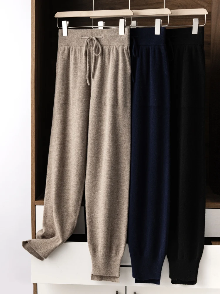 Autumn Winter Women High Waist Bloomers Pants 100% Merino Wool Thick Soft Warm Basic Casual Trousers Cashmere Knitwear Tops