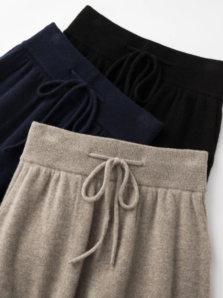 Autumn Winter Women High Waist Bloomers Pants 100% Merino Wool Thick Soft Warm Basic Casual Trousers Cashmere Knitwear Tops