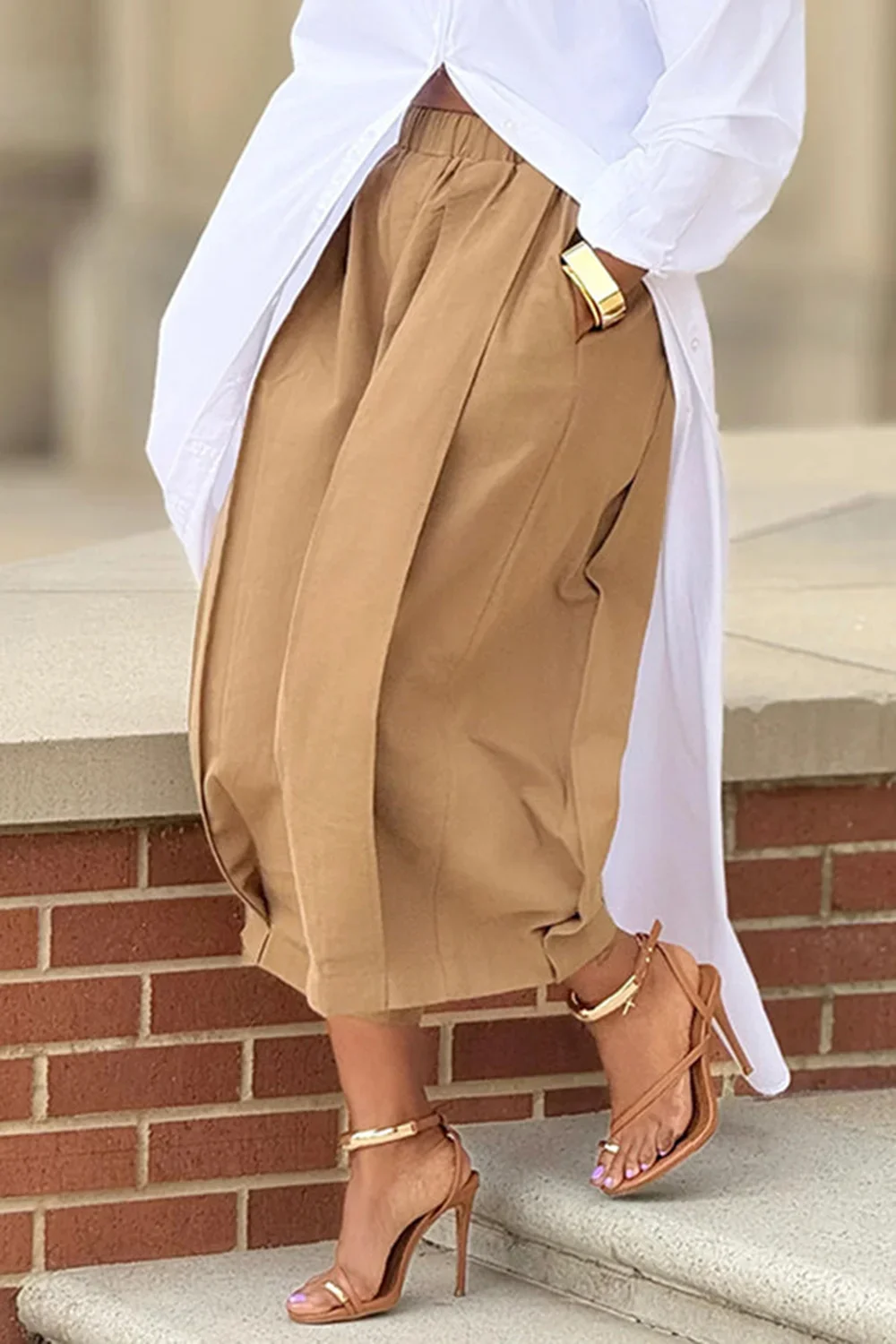 Women's Khaki Capri Trousers Pockets pleated Wide Leg Casual Vintage Loose Harajuku High Waist Leisure Calf-length Pants