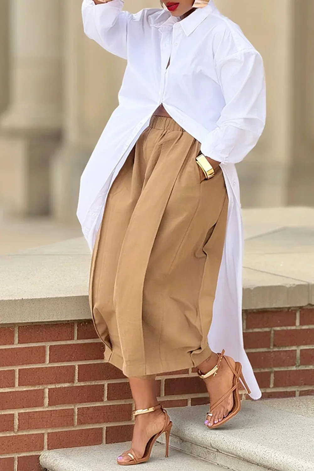 Women's Khaki Capri Trousers Pockets pleated Wide Leg Casual Vintage Loose Harajuku High Waist Leisure Calf-length Pants
