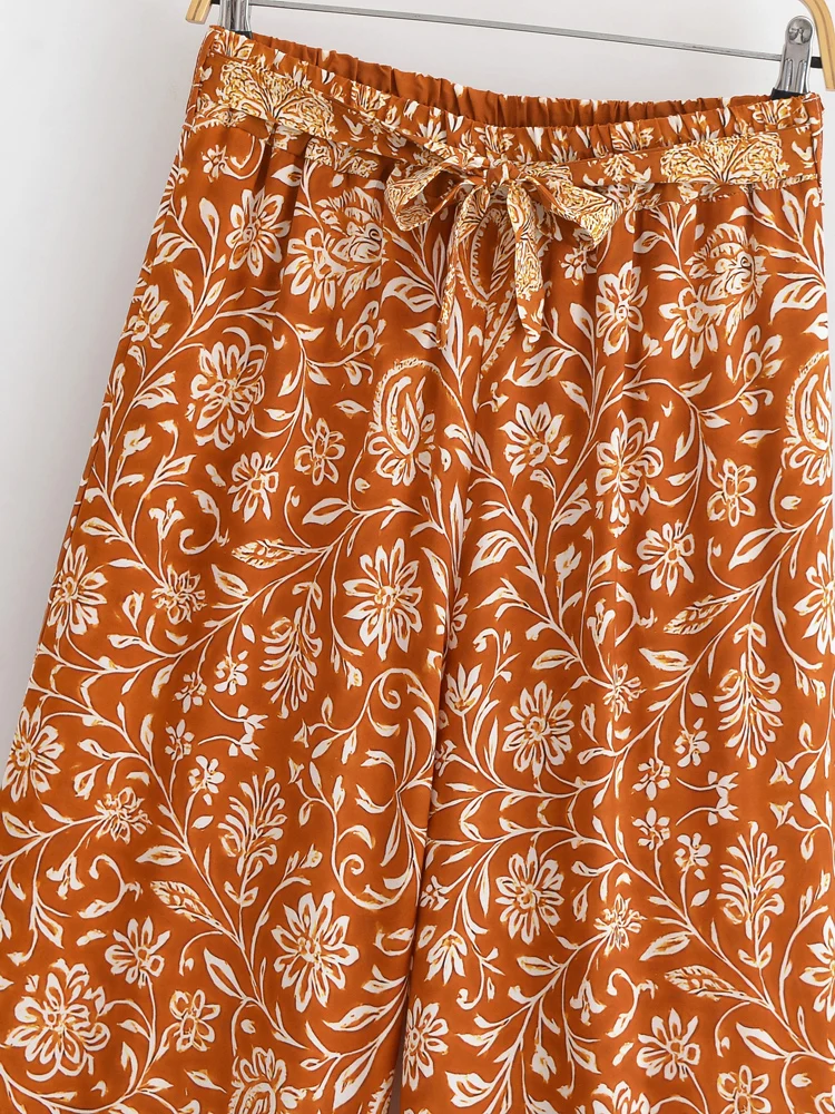 Vintage Chic Women Floral Print Wide Leg Bohemian Happie Pants Ladies Sashes Loose Rayon Boho Long Pant Oversize