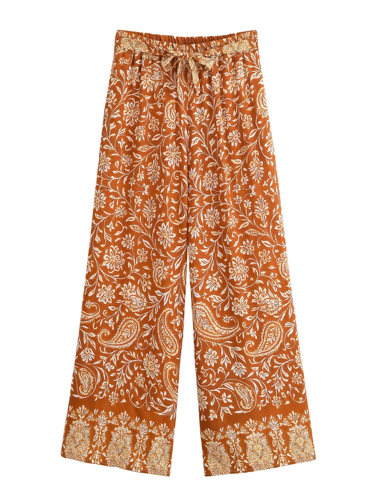 Vintage Chic Women Floral Print Wide Leg Bohemian Happie Pants Ladies Sashes Loose Rayon Boho Long Pant Oversize