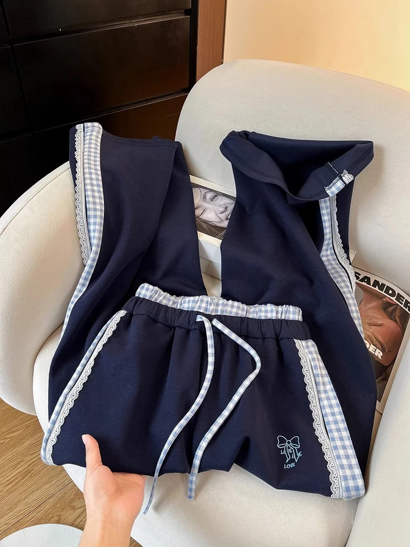 Fashion Plaid Women Pants Korean Lace Patchwork Bow Print High Waist Casual Trouser Loose All Match Chic Straight Sweatpants