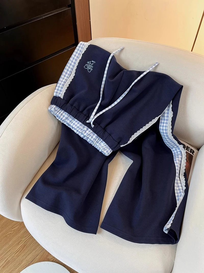 Fashion Plaid Women Pants Korean Lace Patchwork Bow Print High Waist Casual Trouser Loose All Match Chic Straight Sweatpants