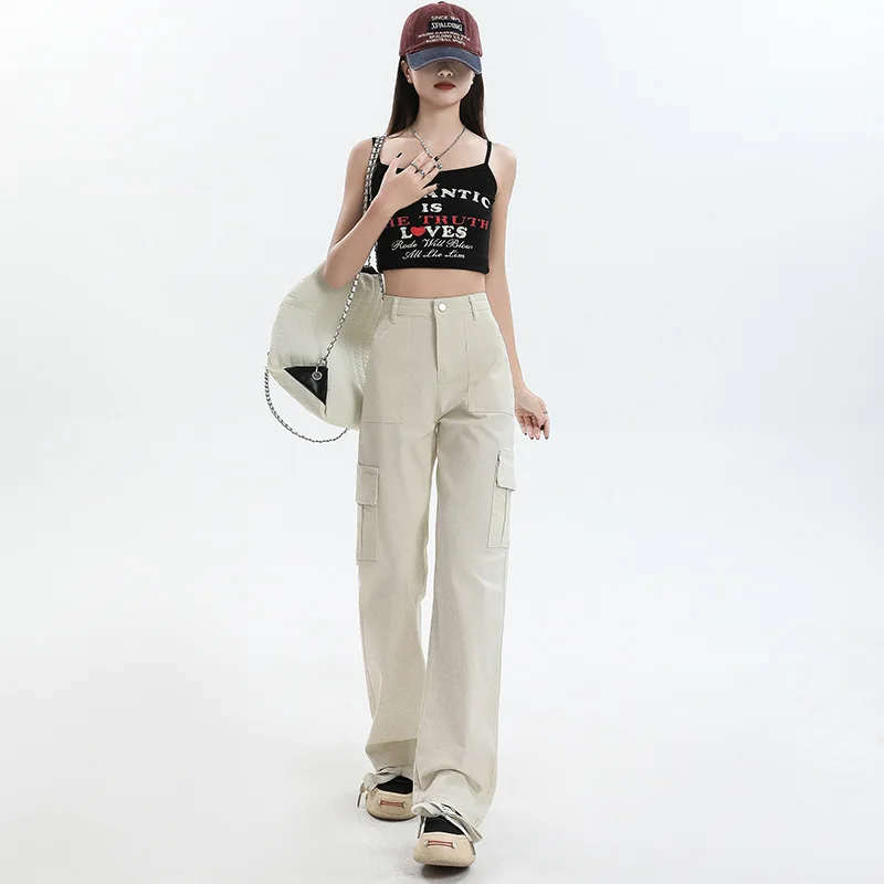 New Straight Cargo High Waist Baggy Trousers Casual Wide Leg Slim Vintage Streetwear Pocket Fashion Women Casual Pants