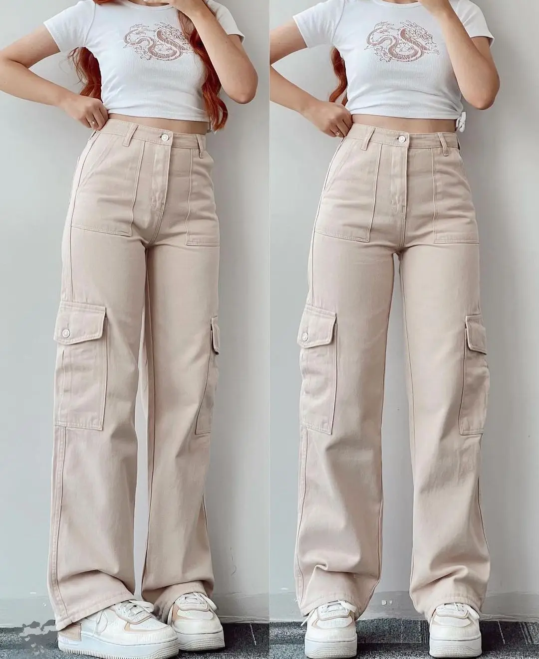 New Straight Cargo High Waist Baggy Trousers Casual Wide Leg Slim Vintage Streetwear Pocket Fashion Women Casual Pants