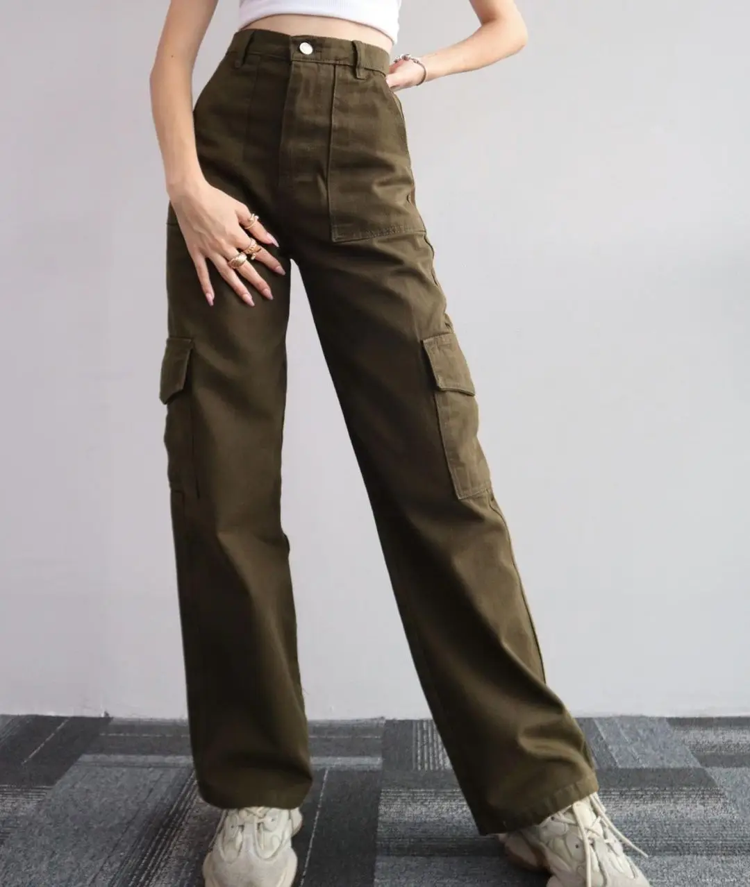 New Straight Cargo High Waist Baggy Trousers Casual Wide Leg Slim Vintage Streetwear Pocket Fashion Women Casual Pants