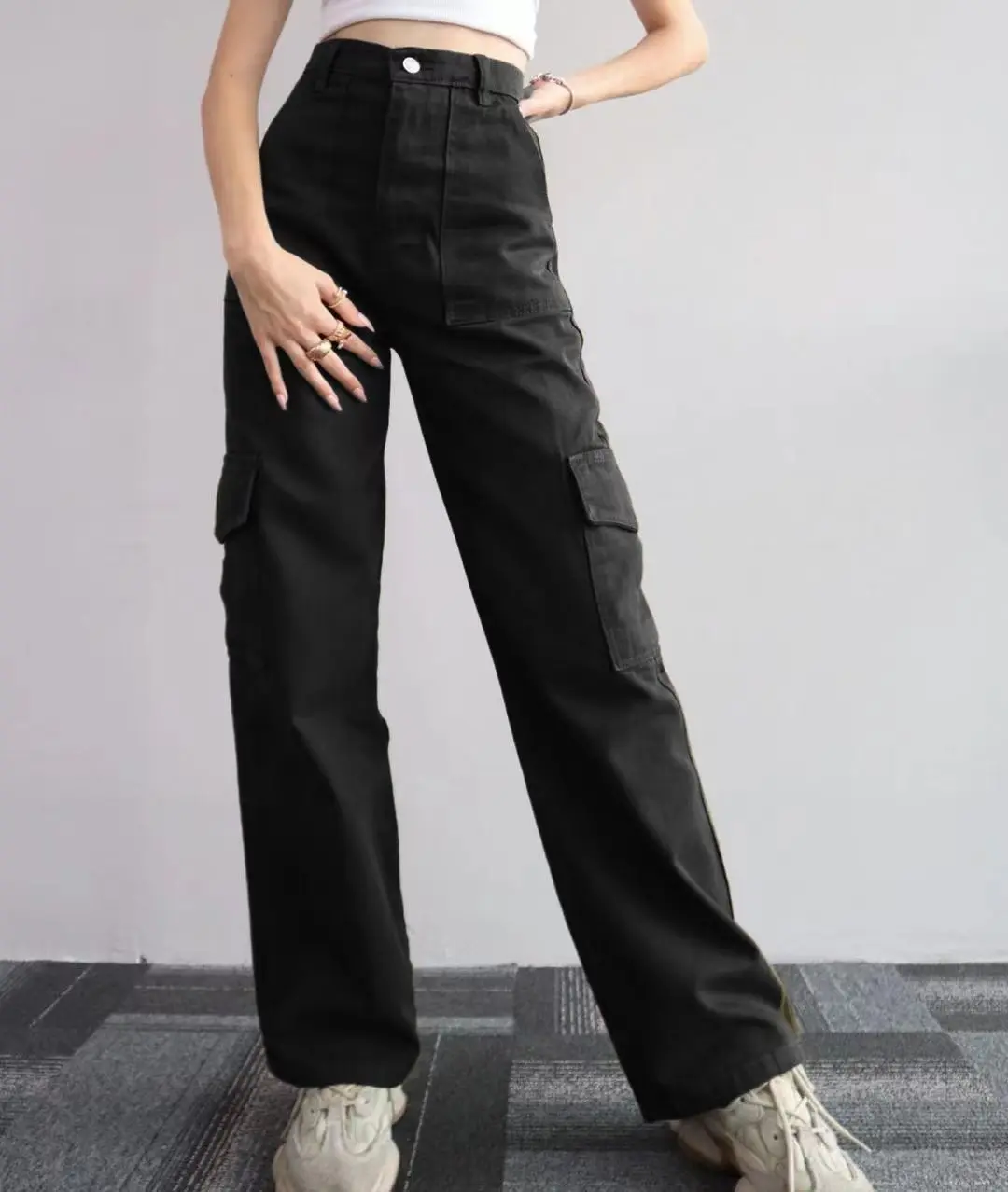 New Straight Cargo High Waist Baggy Trousers Casual Wide Leg Slim Vintage Streetwear Pocket Fashion Women Casual Pants