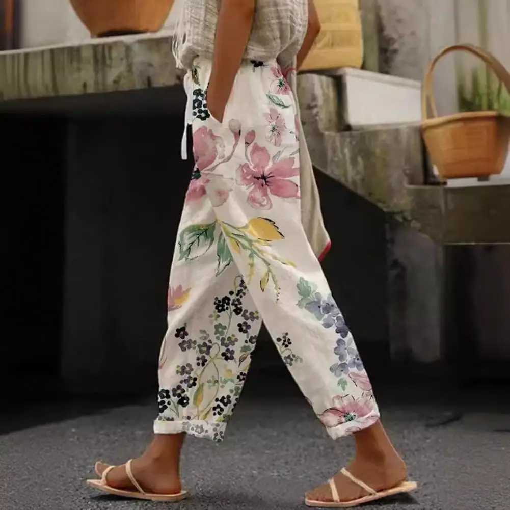 Women Casual Pants Elastic Waist Drawstring Harem Pants Digital Floral Print Beach Office Shopping Daily Long Trousers