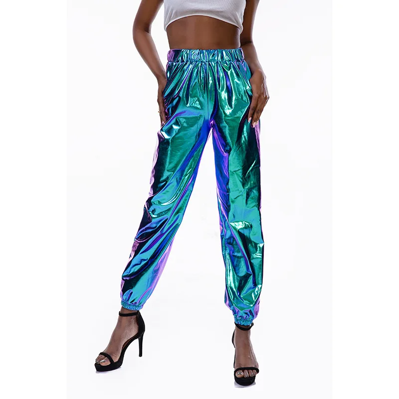 Shiny Glittery Street Hip-hop Party Sparkly Long Pants Loose Casual Sports Trousers Green Gold Silver Black Optional for Women
