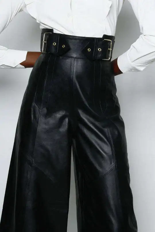 CM.YAYA Women Fashion Faux Leather High Waist Wide Leg Loose Pants Sashes Zipper 2025 Spring Party Casual Street PU Trousers