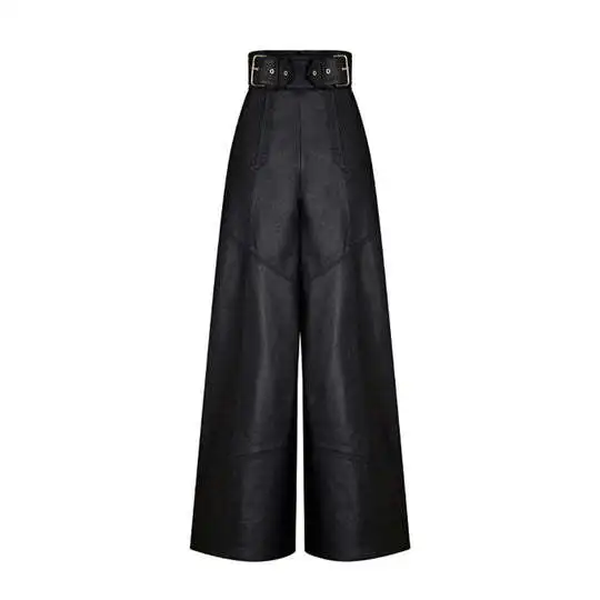 CM.YAYA Women Fashion Faux Leather High Waist Wide Leg Loose Pants Sashes Zipper 2025 Spring Party Casual Street PU Trousers