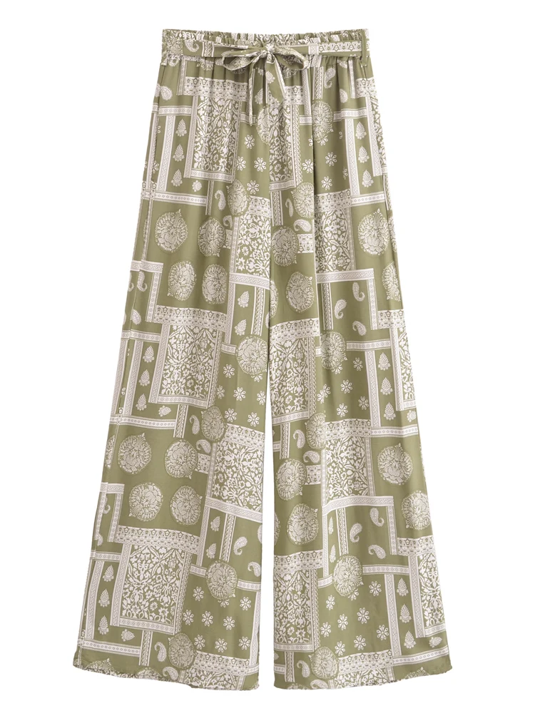 Vintage Chic Fashion Women Geometric Floral Print Wide Leg Bohemian Pants with Pockets Lady Loose Rayon Boho Pant Trousers