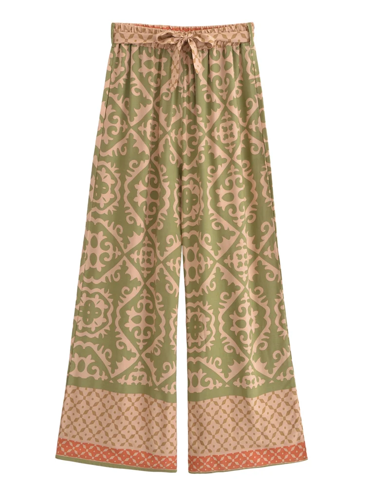 Vintage Chic Fashion Women Geometric Floral Print Wide Leg Bohemian Pants with Pockets Lady Loose Rayon Boho Pant Trousers