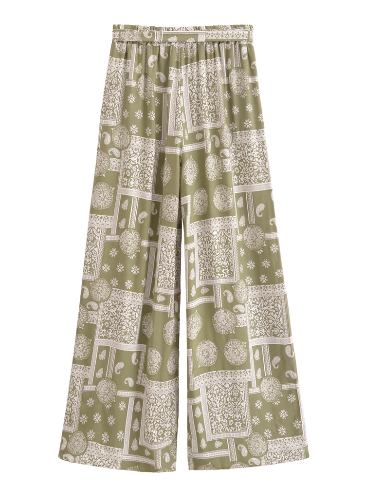 Vintage Chic Fashion Women Geometric Floral Print Wide Leg Bohemian Pants with Pockets Lady Loose Rayon Boho Pant Trousers