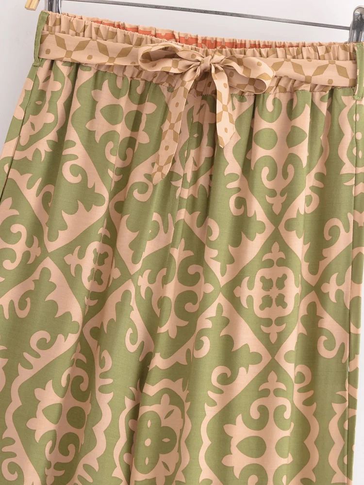 Vintage Chic Fashion Women Geometric Floral Print Wide Leg Bohemian Pants with Pockets Lady Loose Rayon Boho Pant Trousers