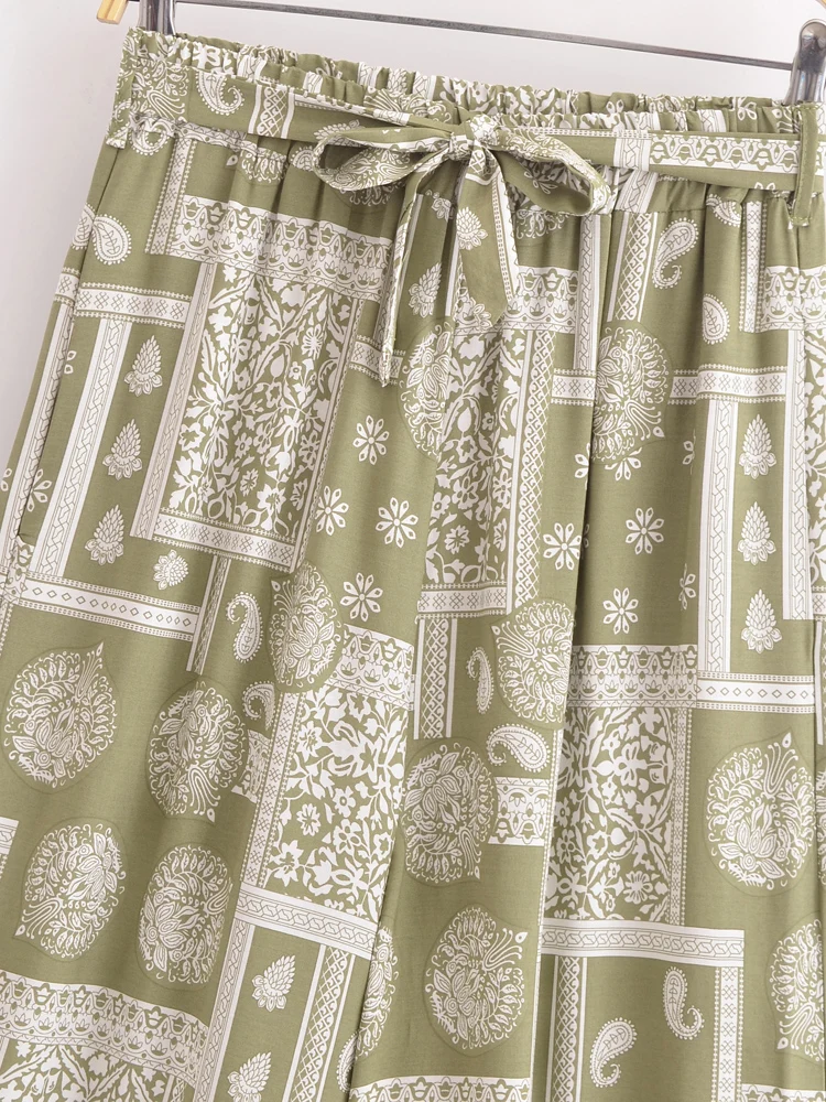 Vintage Chic Fashion Women Geometric Floral Print Wide Leg Bohemian Pants with Pockets Lady Loose Rayon Boho Pant Trousers
