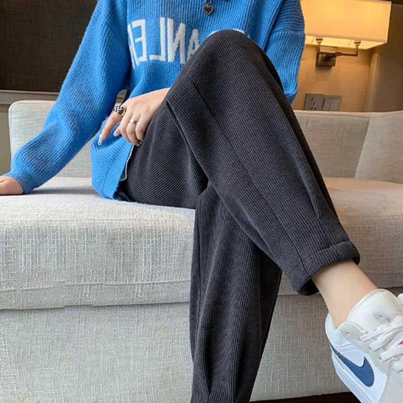 Autumn Winter New Thickened Warm Harem Pants Women Versatile Casual Loose Corduroy Pants Lady Elastic Waist Plus Velvet Trousers