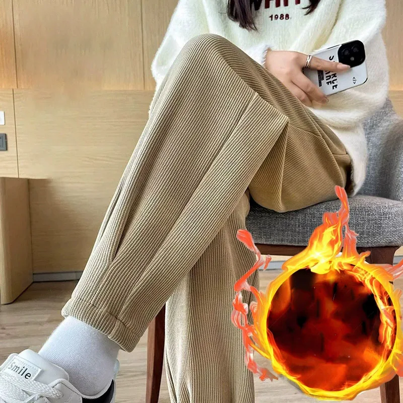 Autumn Winter New Thickened Warm Harem Pants Women Versatile Casual Loose Corduroy Pants Lady Elastic Waist Plus Velvet Trousers