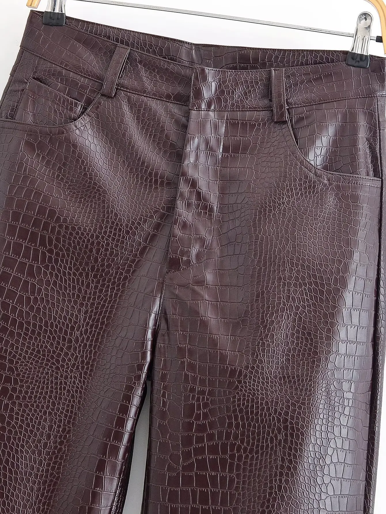 AOMO 2025 Women Brown Faux Leather Pants Trousers Zipper Female Suit Pants QN39