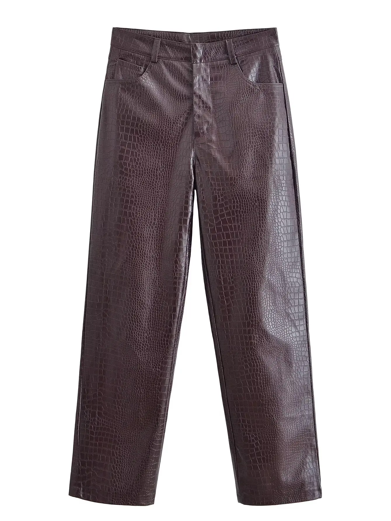 AOMO 2025 Women Brown Faux Leather Pants Trousers Zipper Female Suit Pants QN39