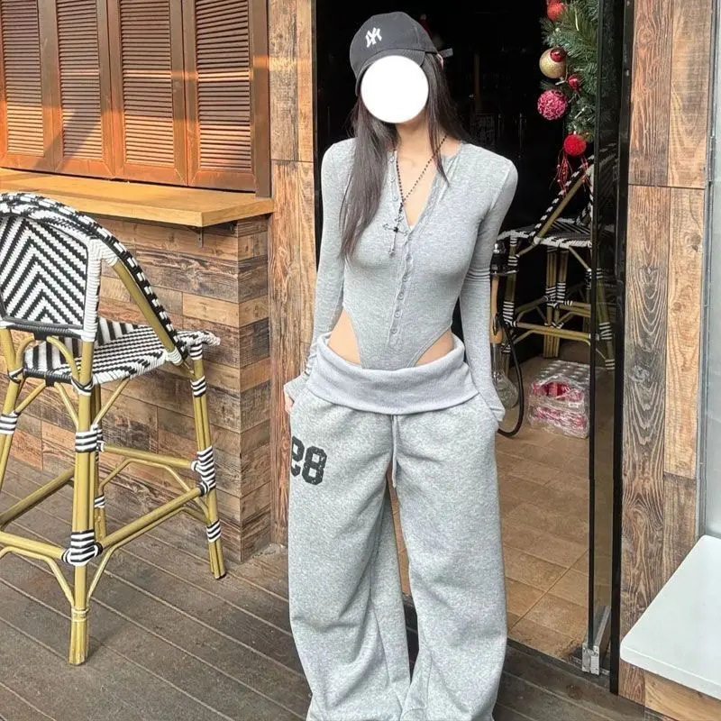 Hip Hop Grey Pants Loose Casual Sweatpants Wide Leg Pants for Women