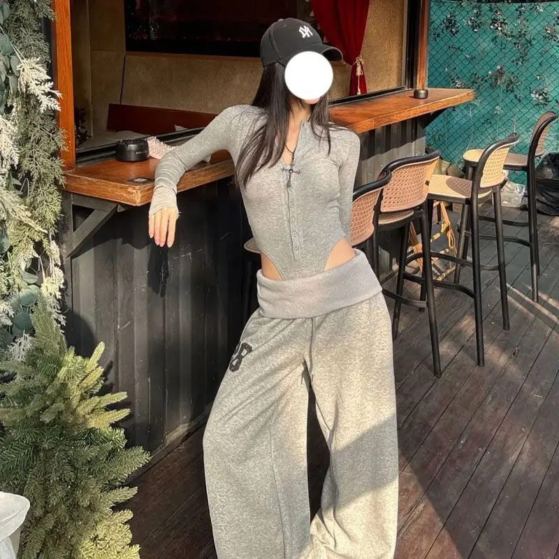Hip Hop Grey Pants Loose Casual Sweatpants Wide Leg Pants for Women