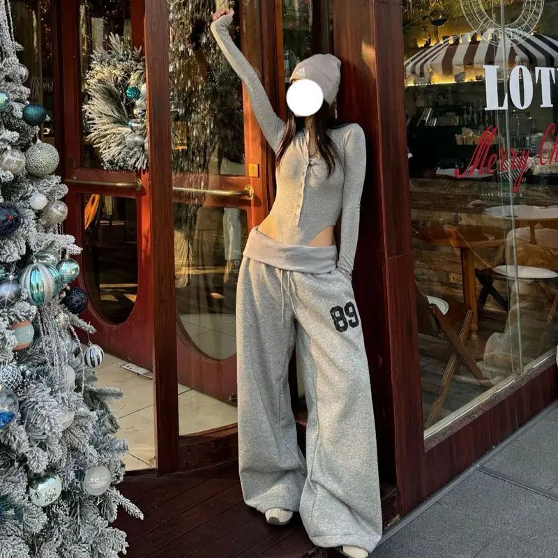 Hip Hop Grey Pants Loose Casual Sweatpants Wide Leg Pants for Women