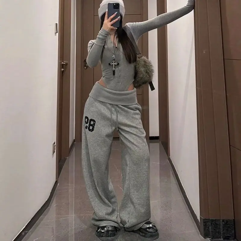 Hip Hop Grey Pants Loose Casual Sweatpants Wide Leg Pants for Women