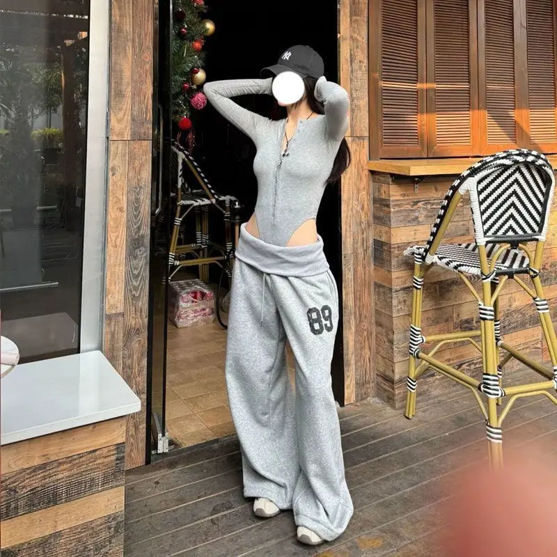 Hip Hop Grey Pants Loose Casual Sweatpants Wide Leg Pants for Women