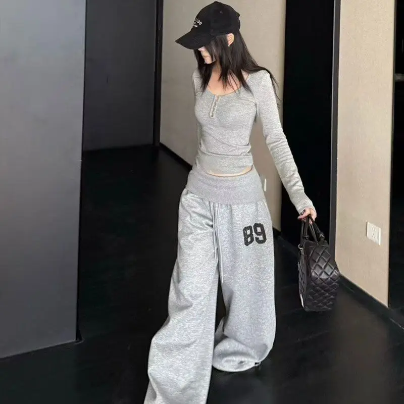 Hip Hop Grey Pants Loose Casual Sweatpants Wide Leg Pants for Women