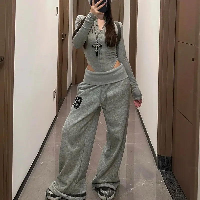 Hip Hop Grey Pants Loose Casual Sweatpants Wide Leg Pants for Women