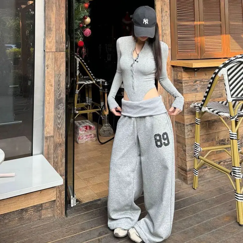Hip Hop Grey Pants Loose Casual Sweatpants Wide Leg Pants for Women