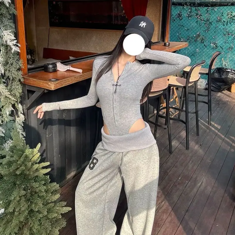 Hip Hop Grey Pants Loose Casual Sweatpants Wide Leg Pants for Women