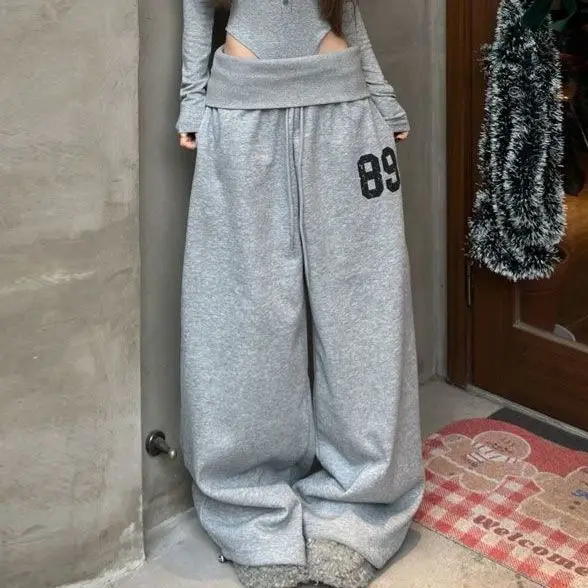 Hip Hop Grey Pants Loose Casual Sweatpants Wide Leg Pants for Women