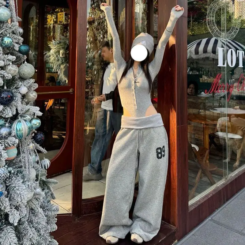 Hip Hop Grey Pants Loose Casual Sweatpants Wide Leg Pants for Women