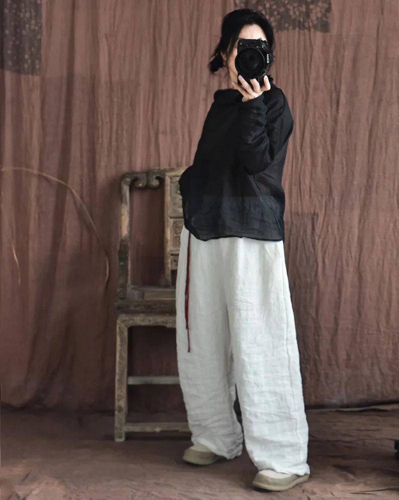 Johnature Women Vintage Loose Spring Wide Leg Pants Elastic Waist Linen Trouser 2025 New Solid Color Bandage Women Long Pants