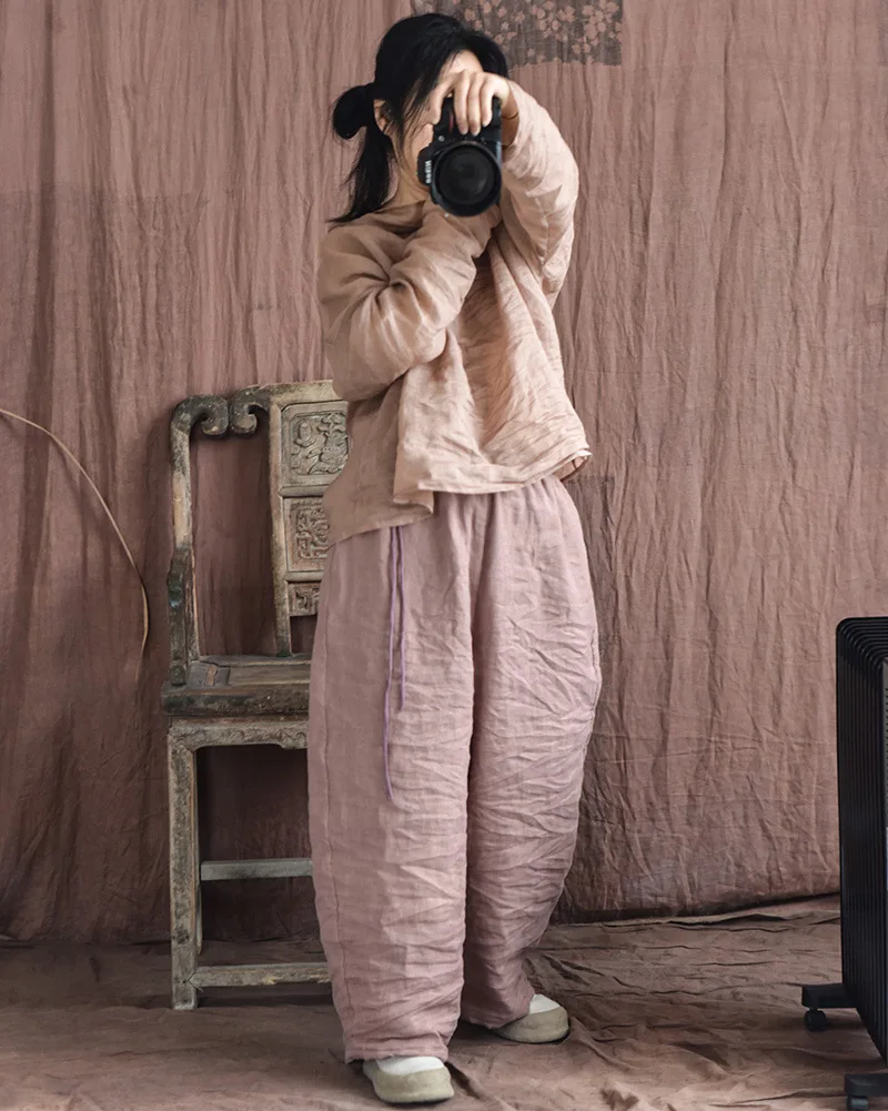 Johnature Women Vintage Loose Spring Wide Leg Pants Elastic Waist Linen Trouser 2025 New Solid Color Bandage Women Long Pants