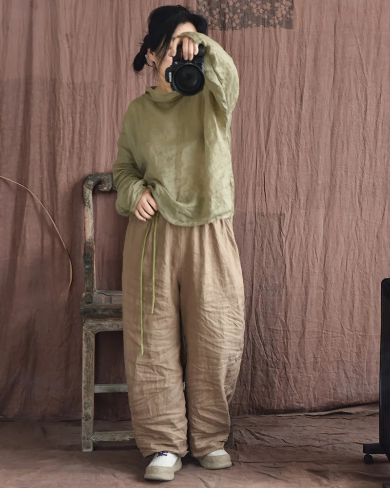 Johnature Women Vintage Loose Spring Wide Leg Pants Elastic Waist Linen Trouser 2025 New Solid Color Bandage Women Long Pants
